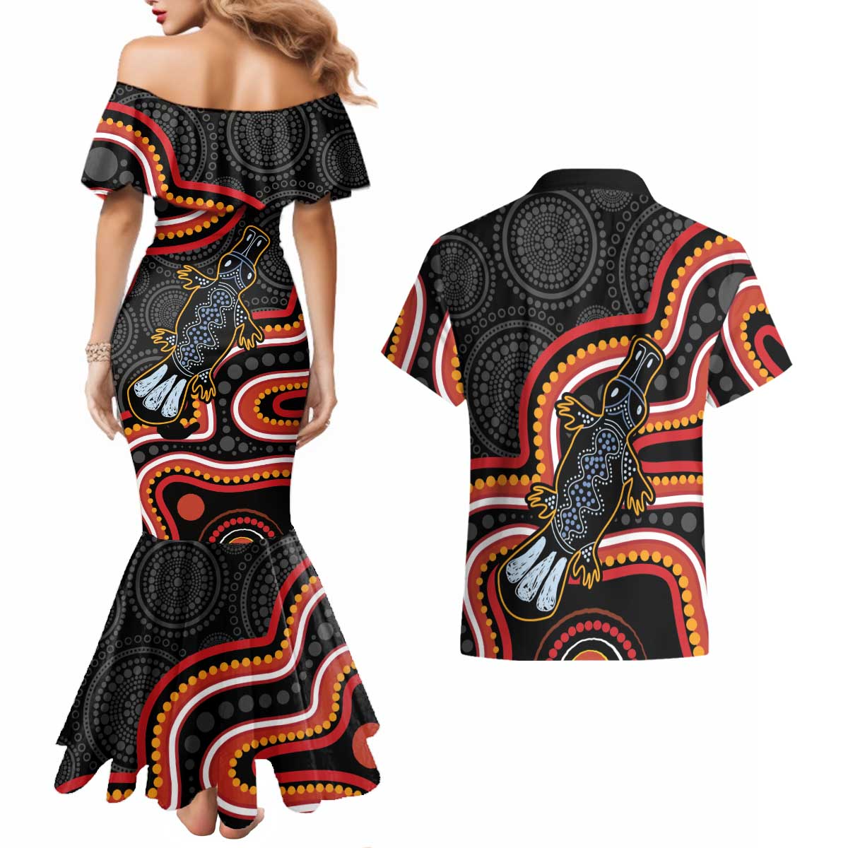 Indigenous Platypus Australia Couples Matching Mermaid Dress and Hawaiian Shirt Australian Aboriginal Art Proud