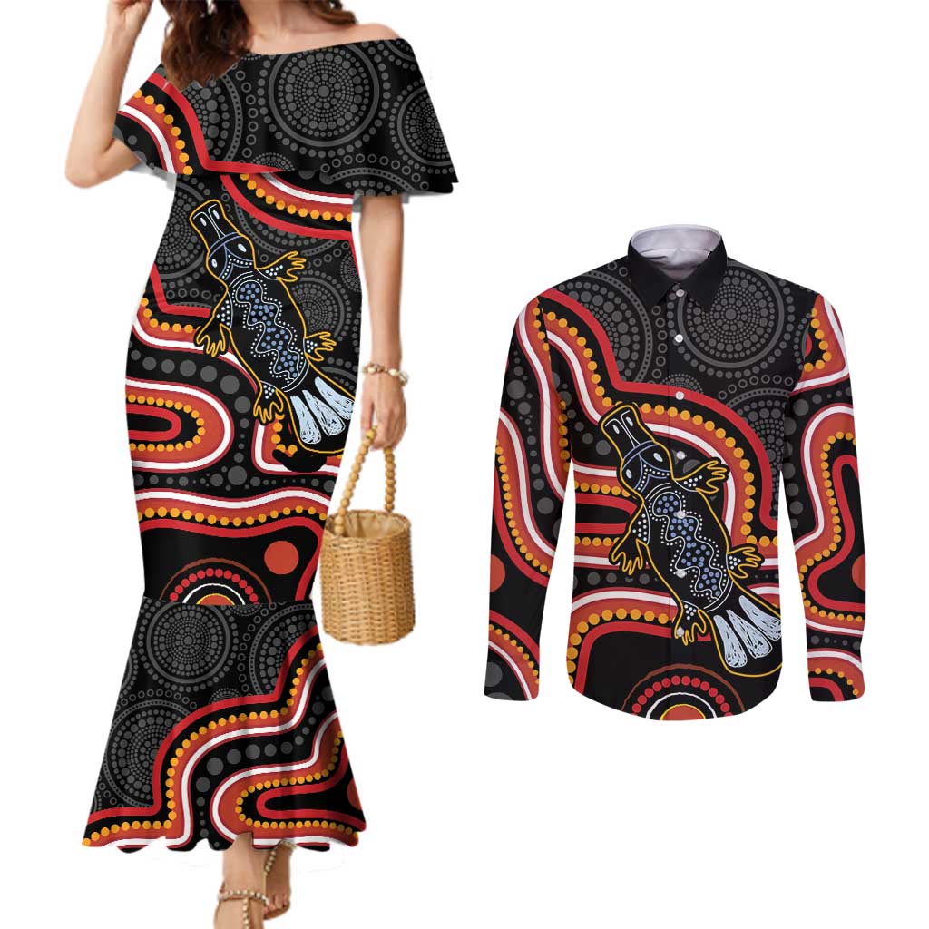 Indigenous Platypus Australia Couples Matching Mermaid Dress and Long Sleeve Button Shirt Australian Aboriginal Art Proud