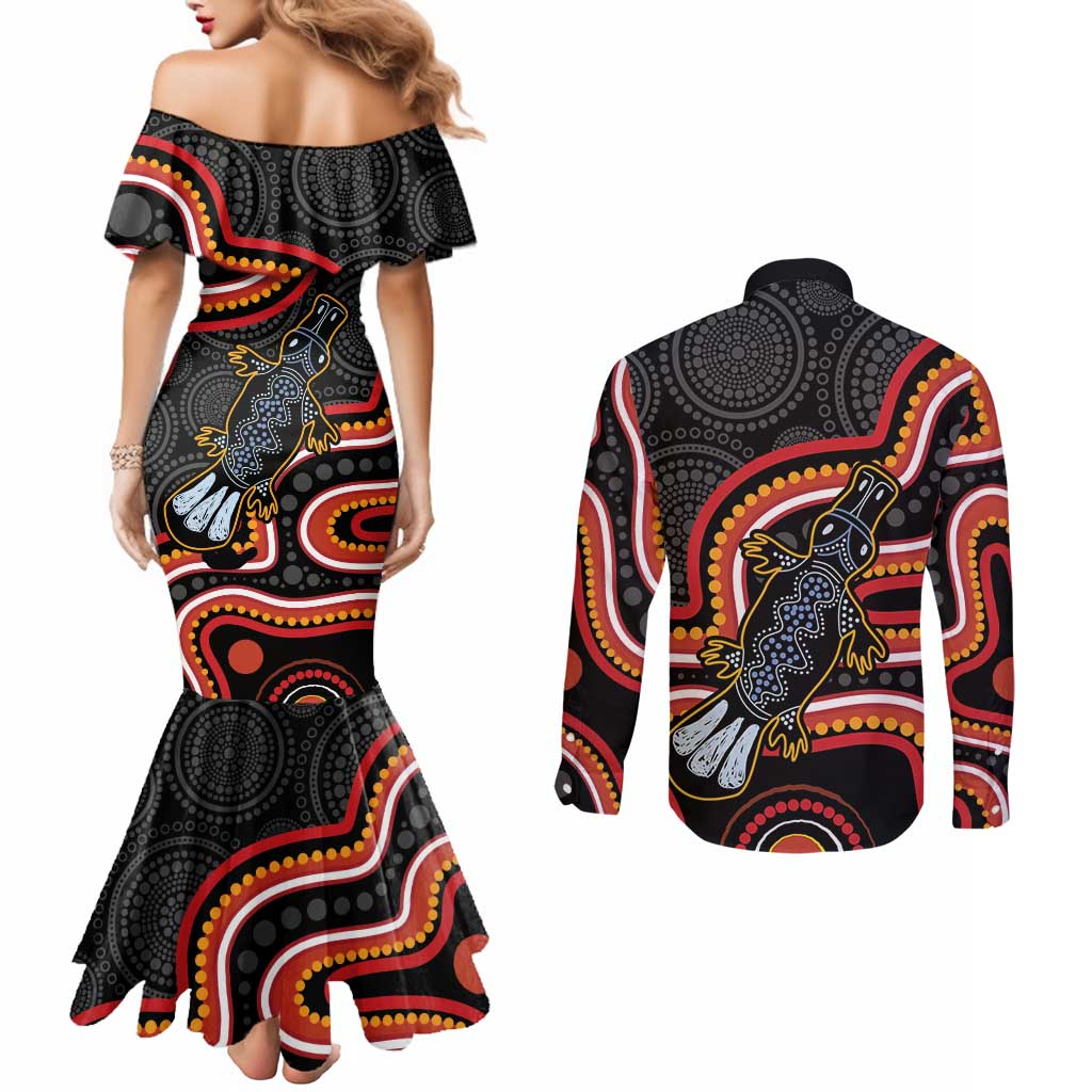 Indigenous Platypus Australia Couples Matching Mermaid Dress and Long Sleeve Button Shirt Australian Aboriginal Art Proud