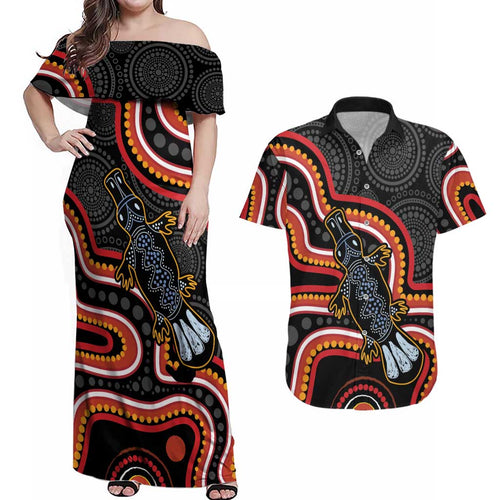 Indigenous Platypus Australia Couples Matching Off Shoulder Maxi Dress and Hawaiian Shirt Australian Aboriginal Art Proud