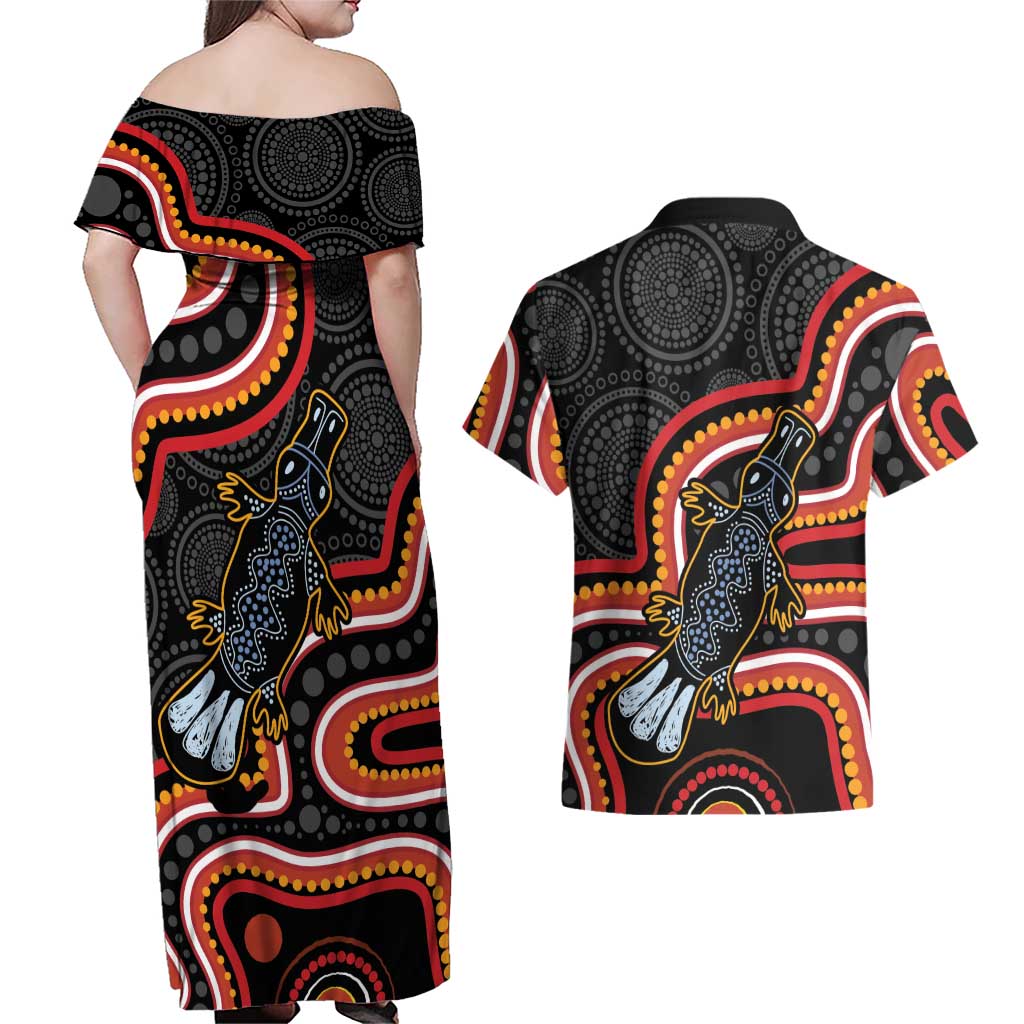 Indigenous Platypus Australia Couples Matching Off Shoulder Maxi Dress and Hawaiian Shirt Australian Aboriginal Art Proud