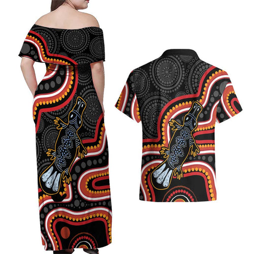 Indigenous Platypus Australia Couples Matching Off Shoulder Maxi Dress and Hawaiian Shirt Australian Aboriginal Art Proud