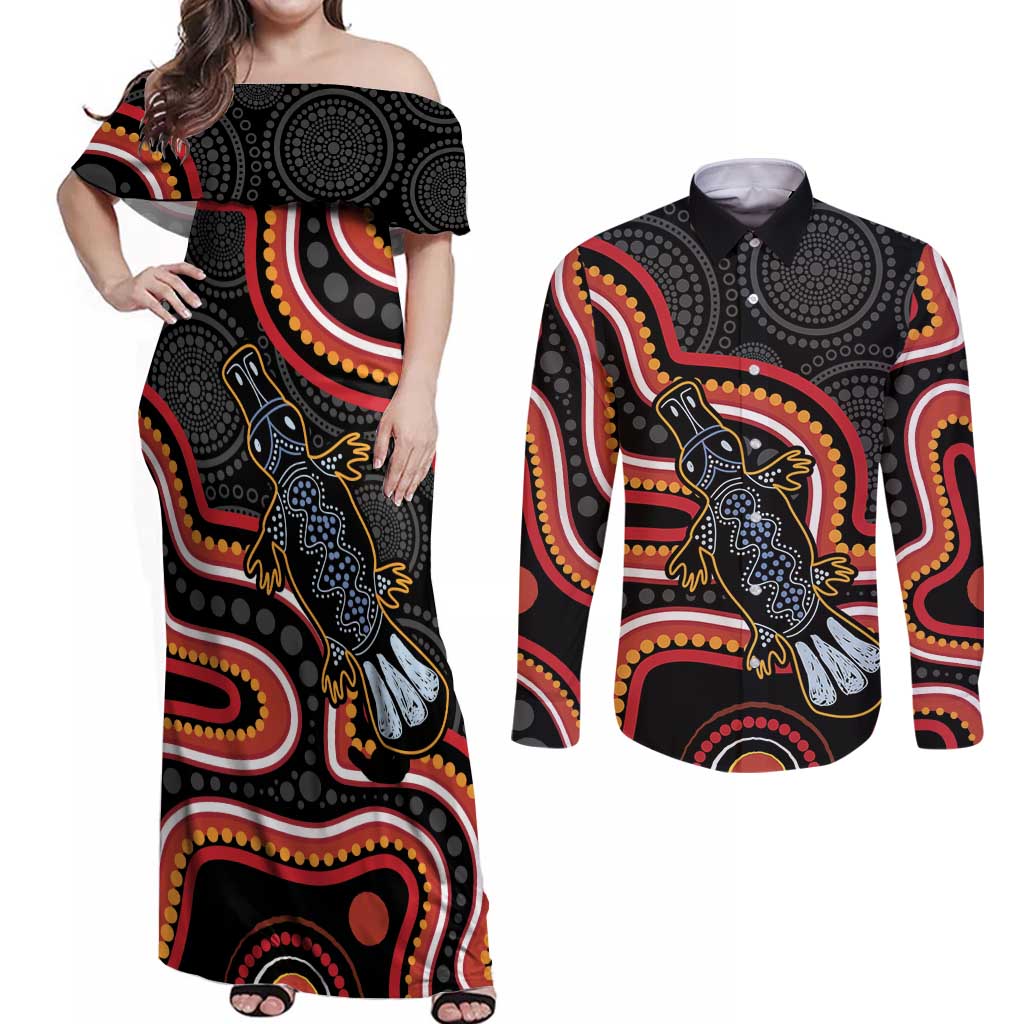 Indigenous Platypus Australia Couples Matching Off Shoulder Maxi Dress and Long Sleeve Button Shirt Australian Aboriginal Art Proud