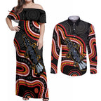 Indigenous Platypus Australia Couples Matching Off Shoulder Maxi Dress and Long Sleeve Button Shirt Australian Aboriginal Art Proud