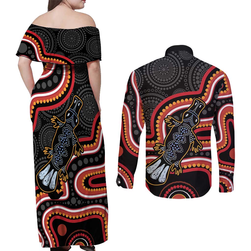 Indigenous Platypus Australia Couples Matching Off Shoulder Maxi Dress and Long Sleeve Button Shirt Australian Aboriginal Art Proud