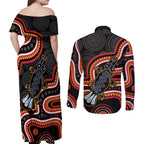 Indigenous Platypus Australia Couples Matching Off Shoulder Maxi Dress and Long Sleeve Button Shirt Australian Aboriginal Art Proud