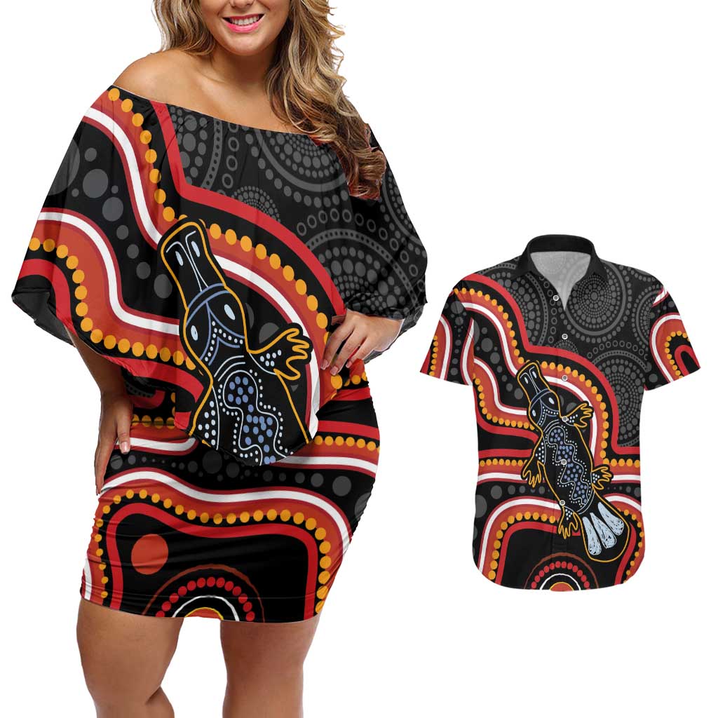 Indigenous Platypus Australia Couples Matching Off Shoulder Short Dress and Hawaiian Shirt Australian Aboriginal Art Proud