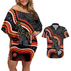 Indigenous Platypus Australia Couples Matching Off Shoulder Short Dress and Hawaiian Shirt Australian Aboriginal Art Proud