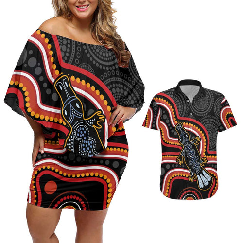 Indigenous Platypus Australia Couples Matching Off Shoulder Short Dress and Hawaiian Shirt Australian Aboriginal Art Proud
