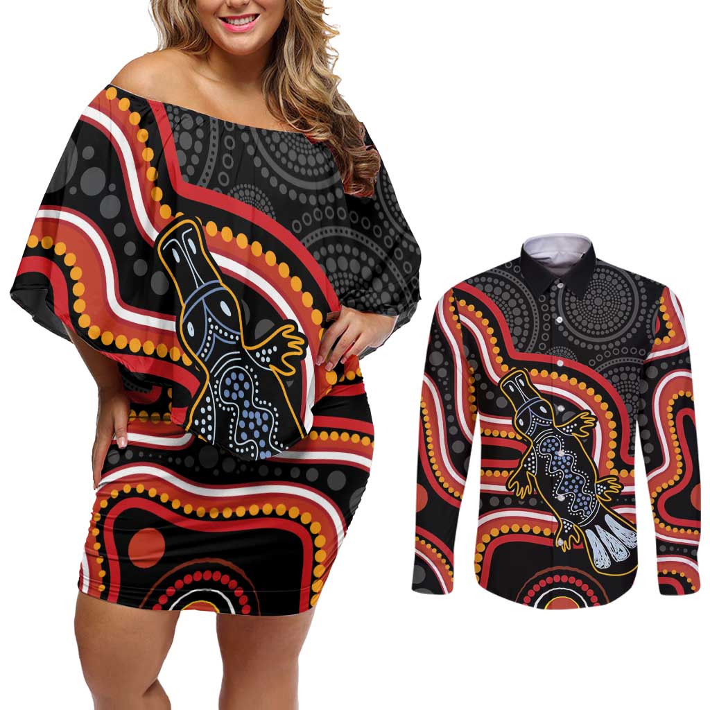 Indigenous Platypus Australia Couples Matching Off Shoulder Short Dress and Long Sleeve Button Shirt Australian Aboriginal Art Proud
