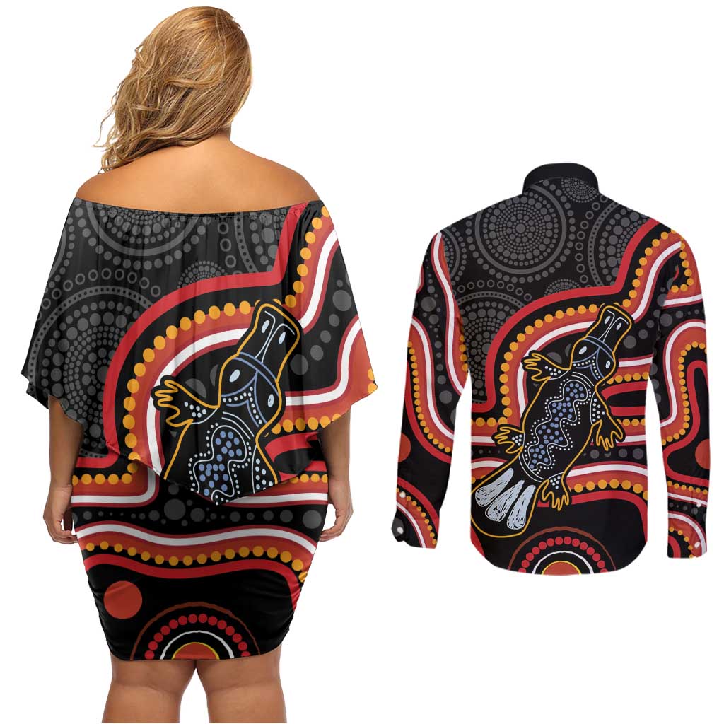 Indigenous Platypus Australia Couples Matching Off Shoulder Short Dress and Long Sleeve Button Shirt Australian Aboriginal Art Proud