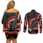 Indigenous Platypus Australia Couples Matching Off Shoulder Short Dress and Long Sleeve Button Shirt Australian Aboriginal Art Proud