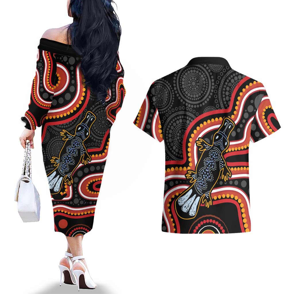 Indigenous Platypus Australia Couples Matching Off The Shoulder Long Sleeve Dress and Hawaiian Shirt Australian Aboriginal Art Proud