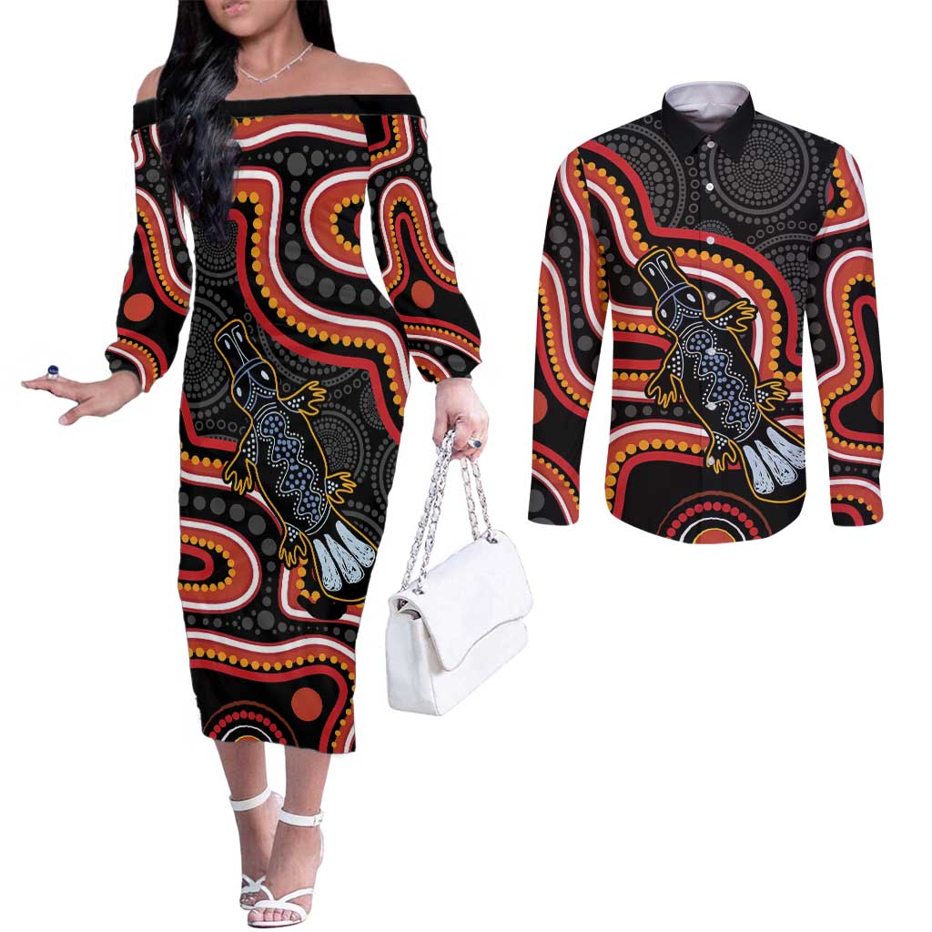 Indigenous Platypus Australia Couples Matching Off The Shoulder Long Sleeve Dress and Long Sleeve Button Shirt Australian Aboriginal Art Proud