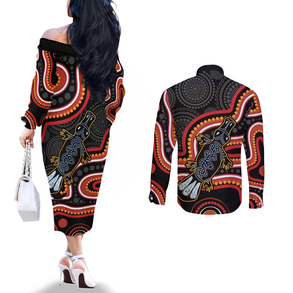 Indigenous Platypus Australia Couples Matching Off The Shoulder Long Sleeve Dress and Long Sleeve Button Shirt Australian Aboriginal Art Proud