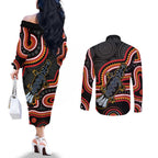 Indigenous Platypus Australia Couples Matching Off The Shoulder Long Sleeve Dress and Long Sleeve Button Shirt Australian Aboriginal Art Proud