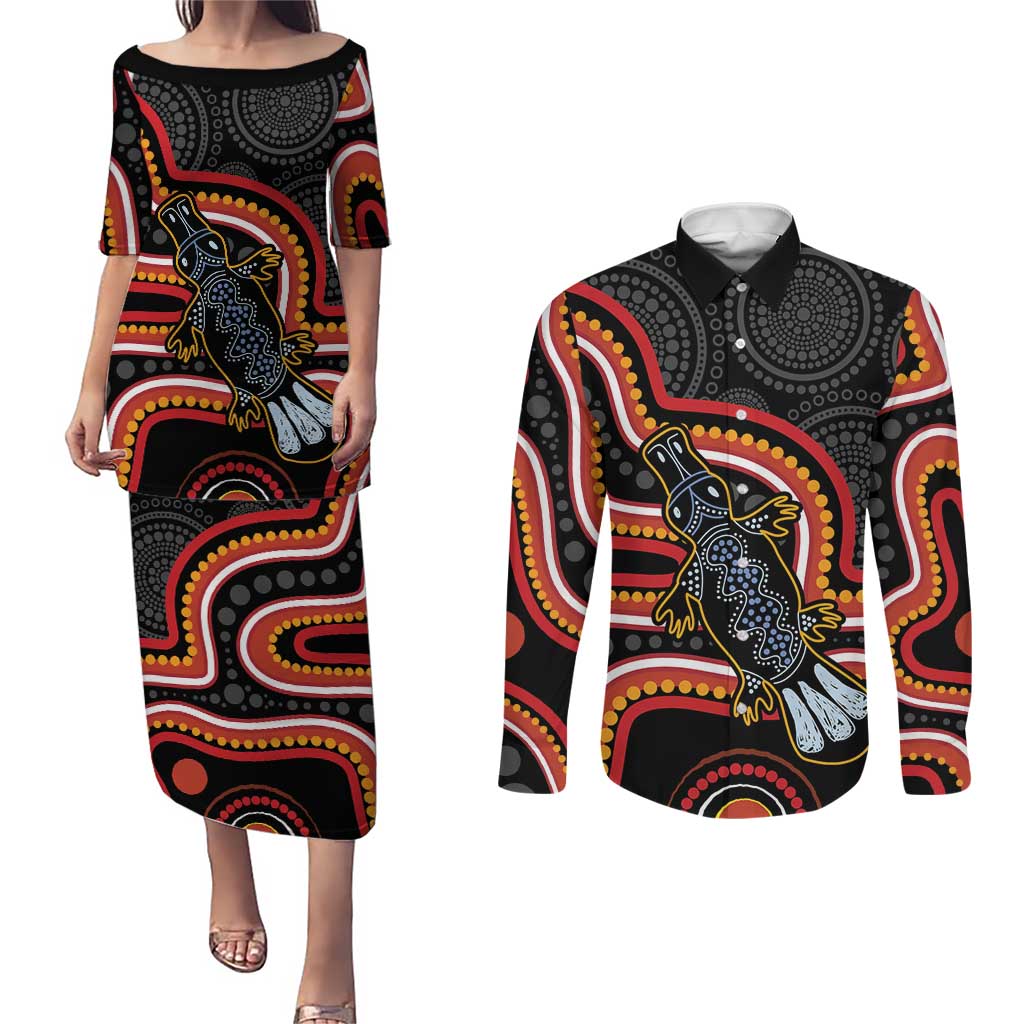 Indigenous Platypus Australia Couples Matching Puletasi and Long Sleeve Button Shirt Australian Aboriginal Art Proud