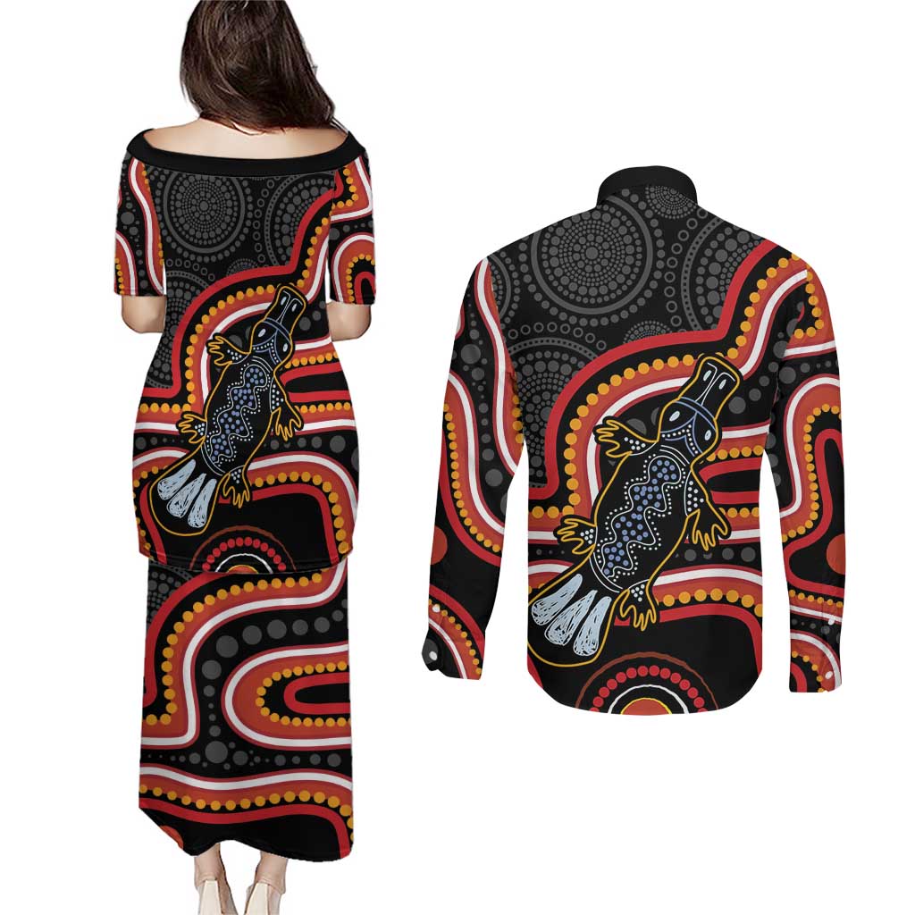 Indigenous Platypus Australia Couples Matching Puletasi and Long Sleeve Button Shirt Australian Aboriginal Art Proud