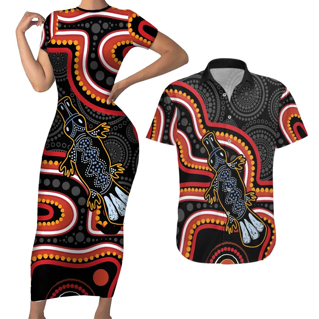 Indigenous Platypus Australia Couples Matching Short Sleeve Bodycon Dress and Hawaiian Shirt Australian Aboriginal Art Proud