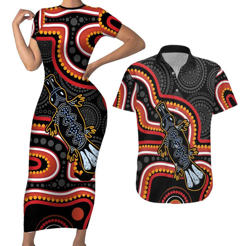 Indigenous Platypus Australia Couples Matching Short Sleeve Bodycon Dress and Hawaiian Shirt Australian Aboriginal Art Proud