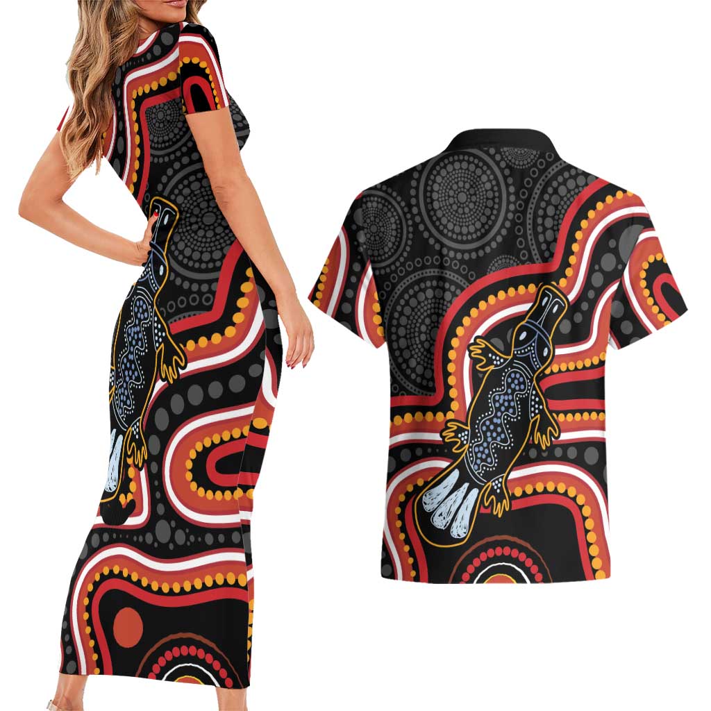 Indigenous Platypus Australia Couples Matching Short Sleeve Bodycon Dress and Hawaiian Shirt Australian Aboriginal Art Proud
