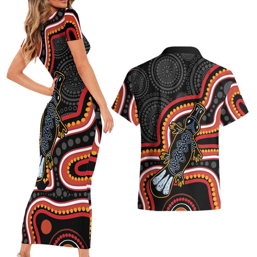 Indigenous Platypus Australia Couples Matching Short Sleeve Bodycon Dress and Hawaiian Shirt Australian Aboriginal Art Proud