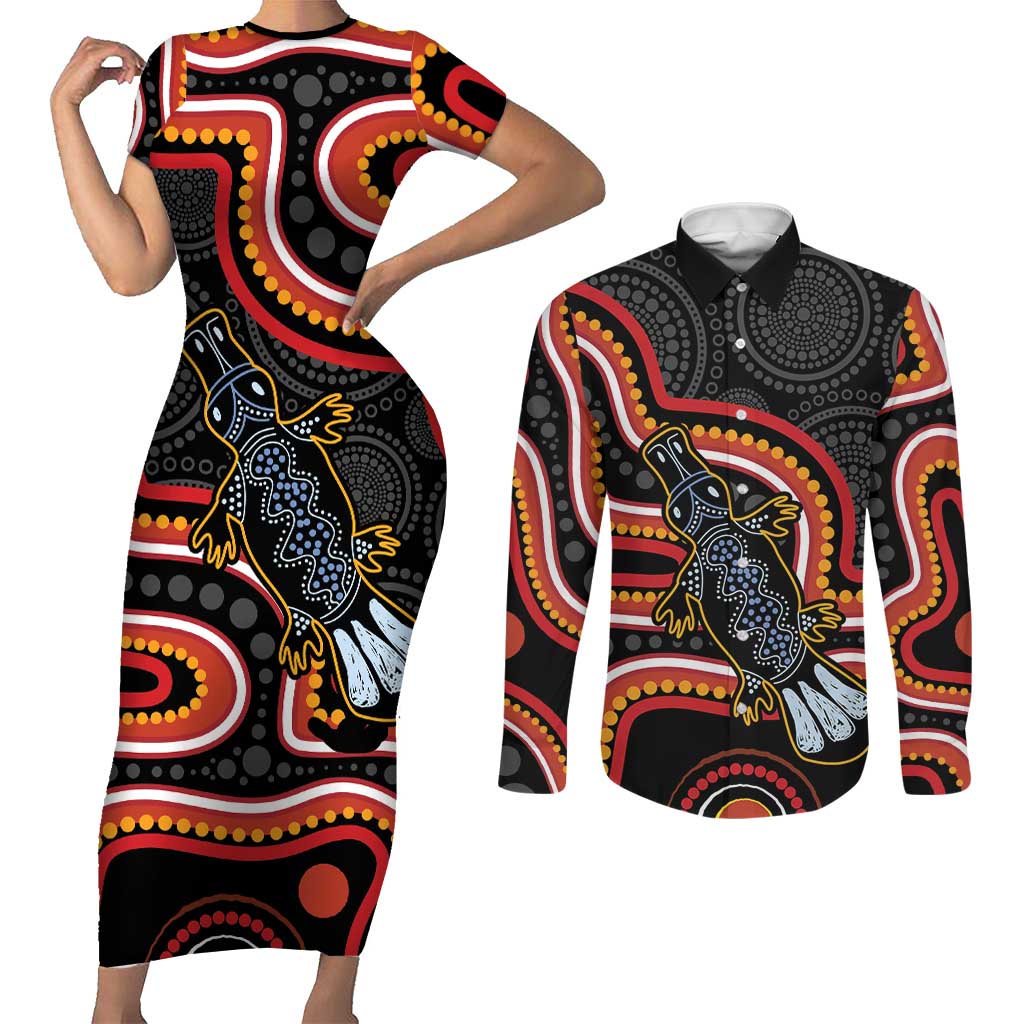 Indigenous Platypus Australia Couples Matching Short Sleeve Bodycon Dress and Long Sleeve Button Shirt Australian Aboriginal Art Proud