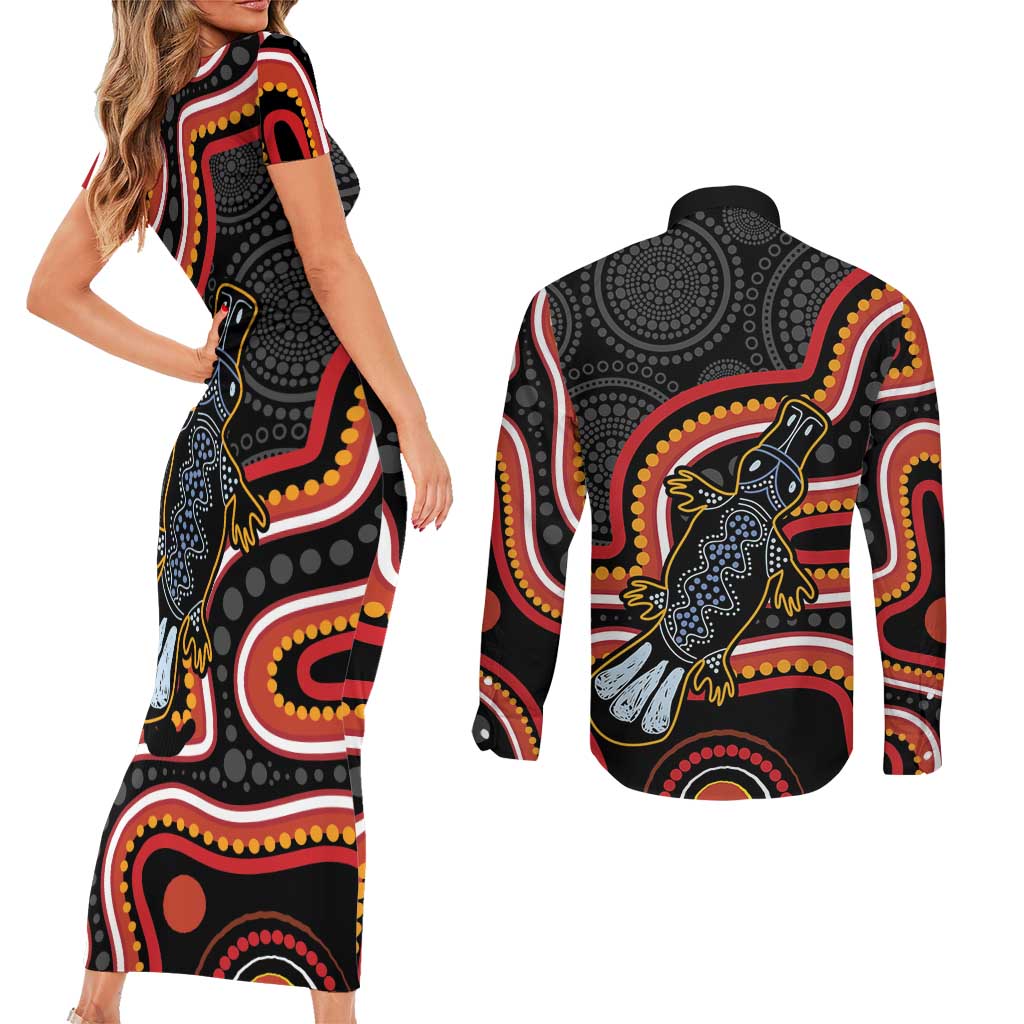 Indigenous Platypus Australia Couples Matching Short Sleeve Bodycon Dress and Long Sleeve Button Shirt Australian Aboriginal Art Proud