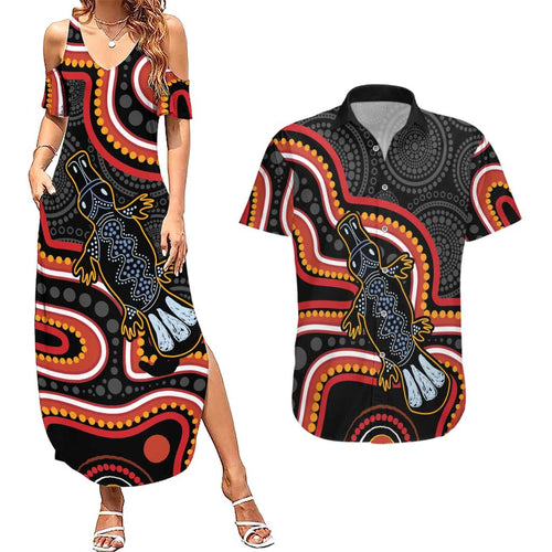 Indigenous Platypus Australia Couples Matching Summer Maxi Dress and Hawaiian Shirt Australian Aboriginal Art Proud