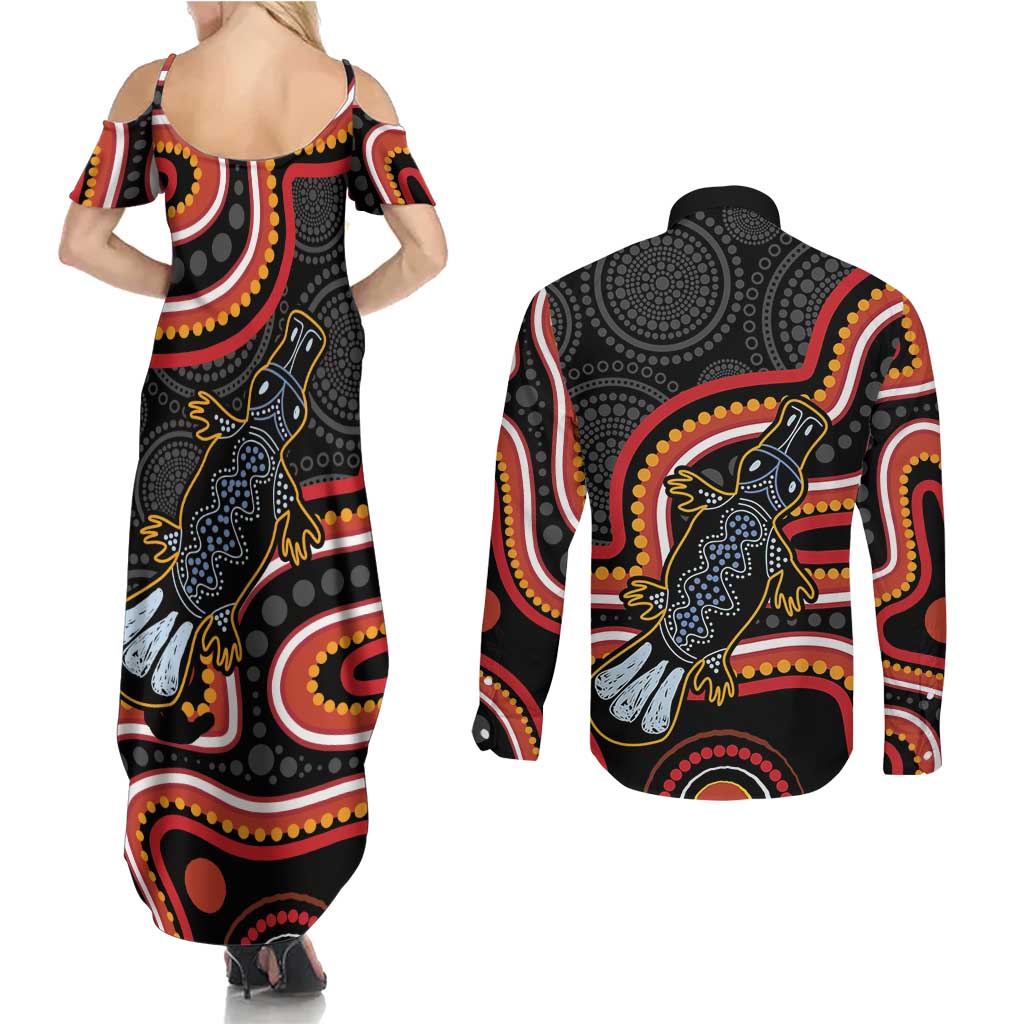 Indigenous Platypus Australia Couples Matching Summer Maxi Dress and Long Sleeve Button Shirt Australian Aboriginal Art Proud
