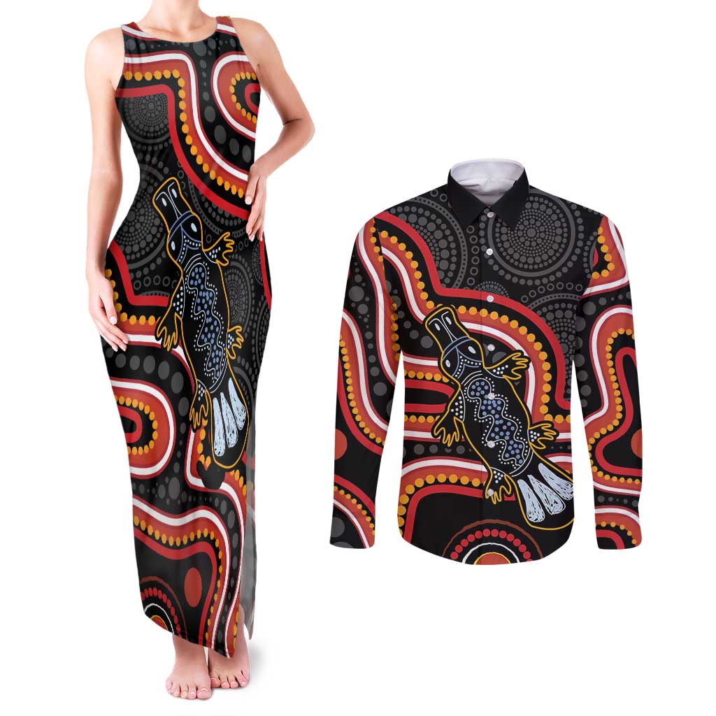 Indigenous Platypus Australia Couples Matching Tank Maxi Dress and Long Sleeve Button Shirt Australian Aboriginal Art Proud
