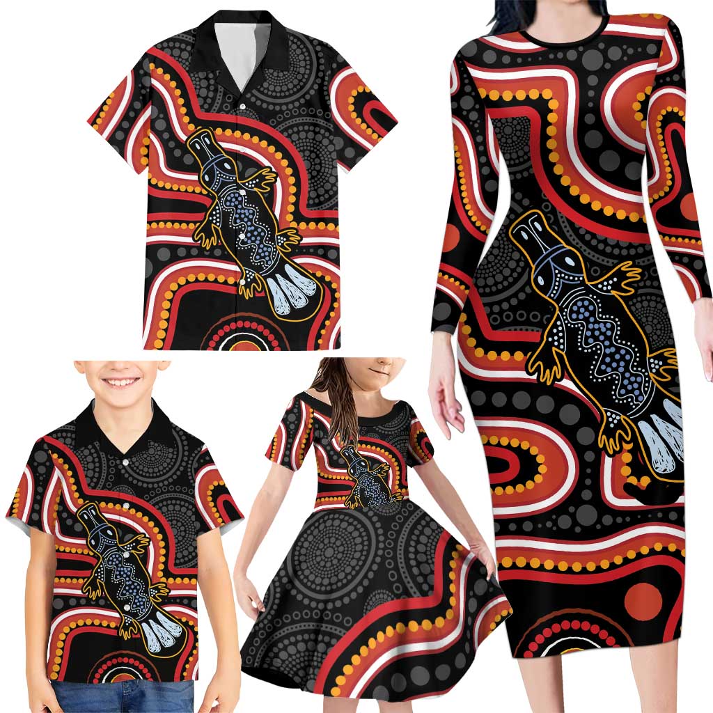 Indigenous Platypus Australia Family Matching Long Sleeve Bodycon Dress and Hawaiian Shirt Australian Aboriginal Art Proud