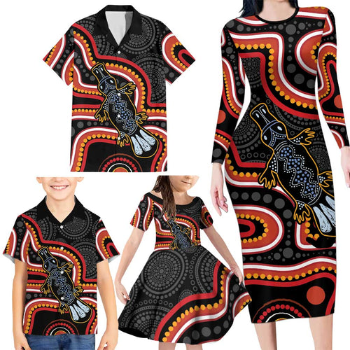 Indigenous Platypus Australia Family Matching Long Sleeve Bodycon Dress and Hawaiian Shirt Australian Aboriginal Art Proud