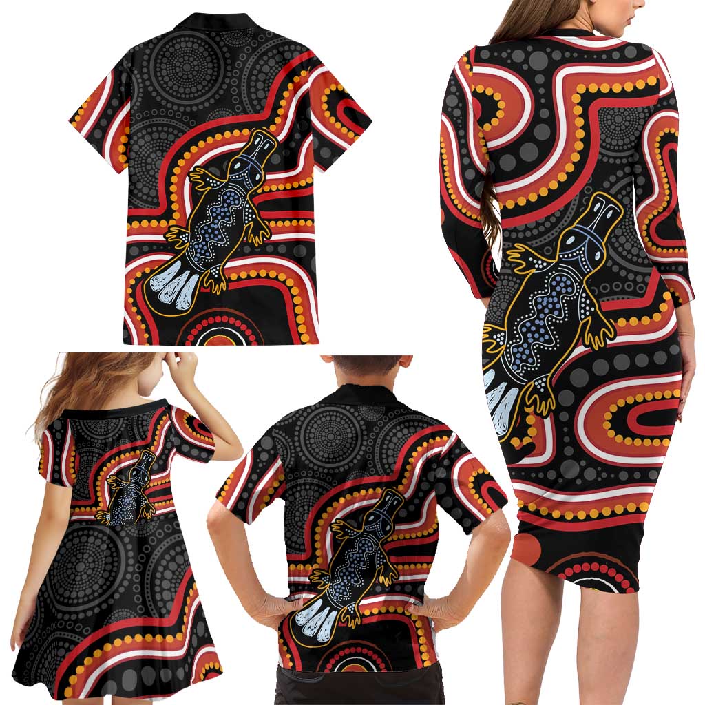 Indigenous Platypus Australia Family Matching Long Sleeve Bodycon Dress and Hawaiian Shirt Australian Aboriginal Art Proud