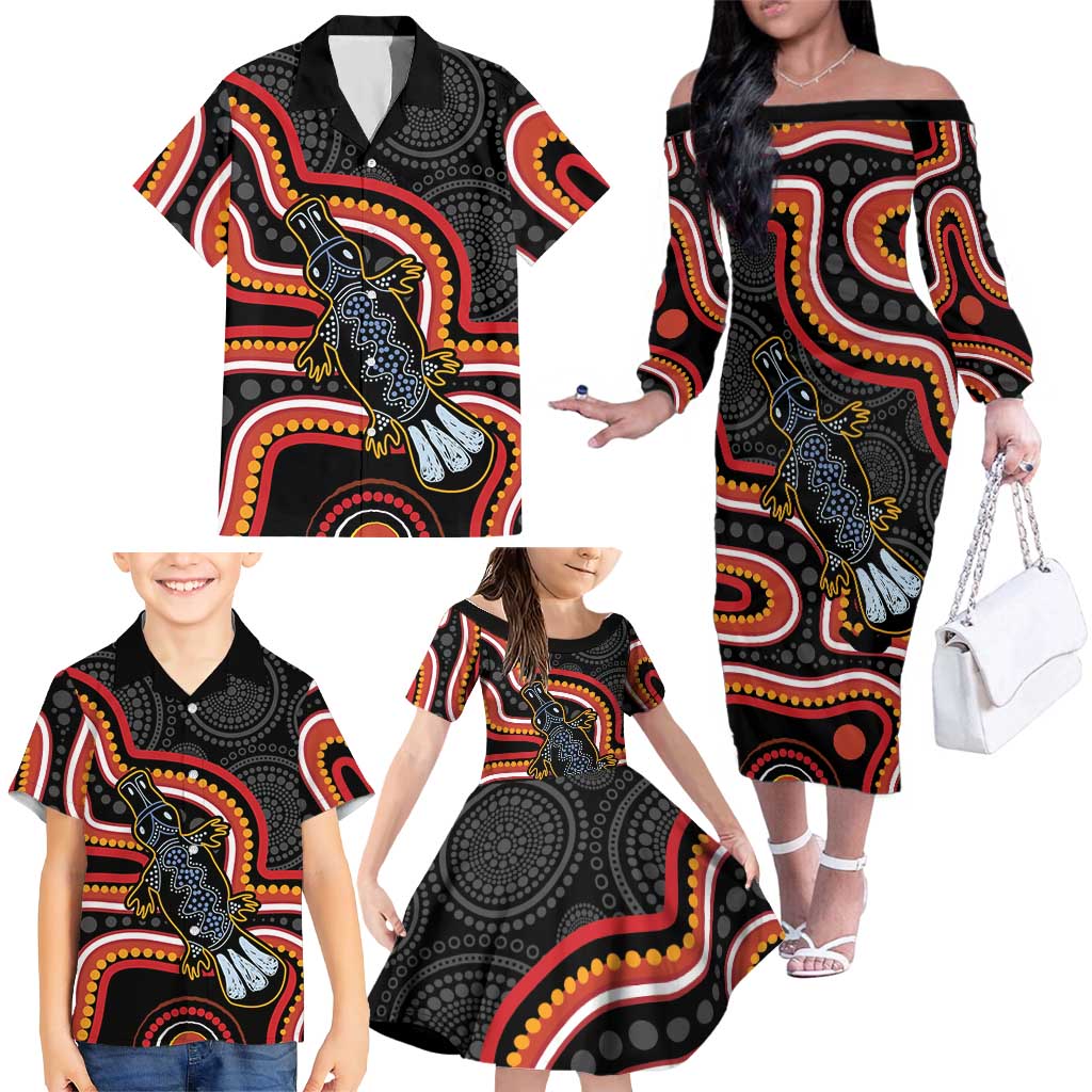 Indigenous Platypus Australia Family Matching Off The Shoulder Long Sleeve Dress and Hawaiian Shirt Australian Aboriginal Art Proud
