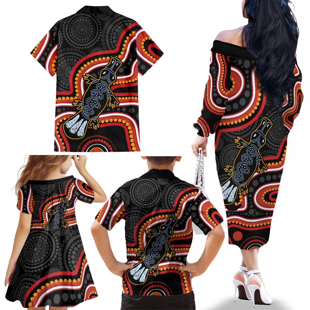 Indigenous Platypus Australia Family Matching Off The Shoulder Long Sleeve Dress and Hawaiian Shirt Australian Aboriginal Art Proud
