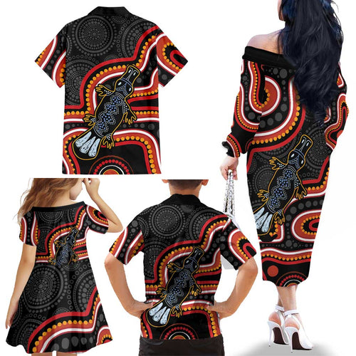 Indigenous Platypus Australia Family Matching Off The Shoulder Long Sleeve Dress and Hawaiian Shirt Australian Aboriginal Art Proud