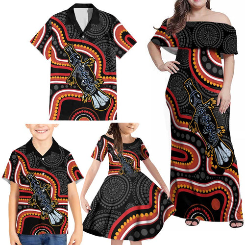 Indigenous Platypus Australia Family Matching Off Shoulder Maxi Dress and Hawaiian Shirt Australian Aboriginal Art Proud