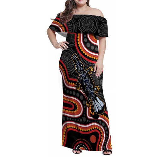 Indigenous Platypus Australia Family Matching Off Shoulder Maxi Dress and Hawaiian Shirt Australian Aboriginal Art Proud