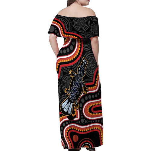 Indigenous Platypus Australia Family Matching Off Shoulder Maxi Dress and Hawaiian Shirt Australian Aboriginal Art Proud