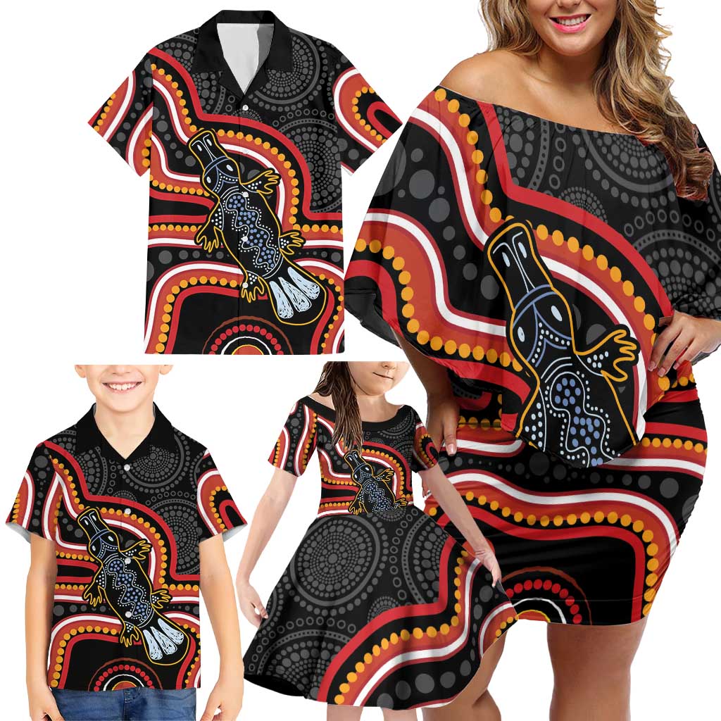 Indigenous Platypus Australia Family Matching Off Shoulder Short Dress and Hawaiian Shirt Australian Aboriginal Art Proud