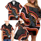 Indigenous Platypus Australia Family Matching Off Shoulder Short Dress and Hawaiian Shirt Australian Aboriginal Art Proud