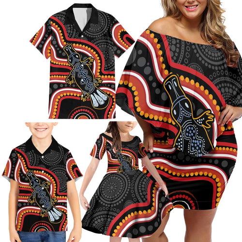 Indigenous Platypus Australia Family Matching Off Shoulder Short Dress and Hawaiian Shirt Australian Aboriginal Art Proud