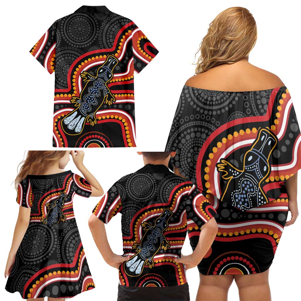 Indigenous Platypus Australia Family Matching Off Shoulder Short Dress and Hawaiian Shirt Australian Aboriginal Art Proud