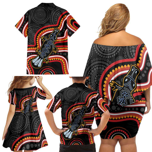 Indigenous Platypus Australia Family Matching Off Shoulder Short Dress and Hawaiian Shirt Australian Aboriginal Art Proud