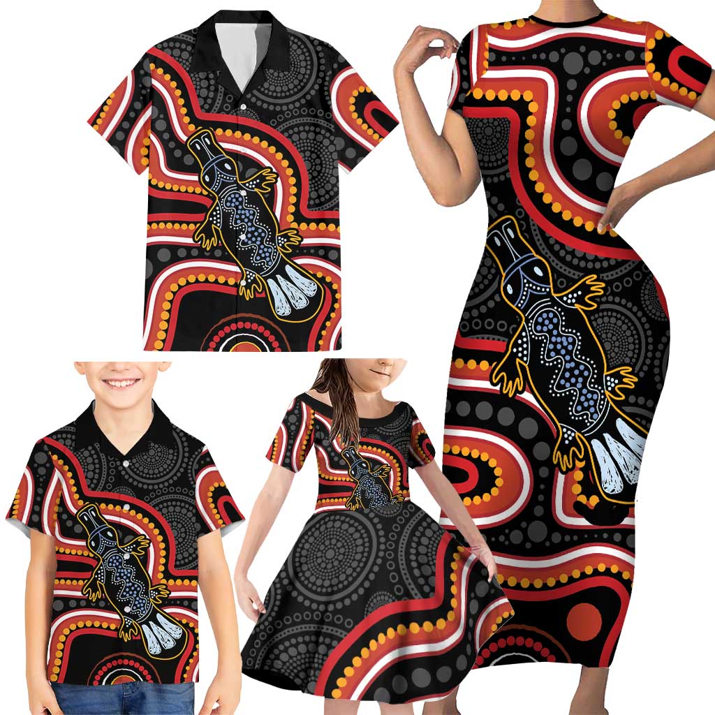 Indigenous Platypus Australia Family Matching Short Sleeve Bodycon Dress and Hawaiian Shirt Australian Aboriginal Art Proud
