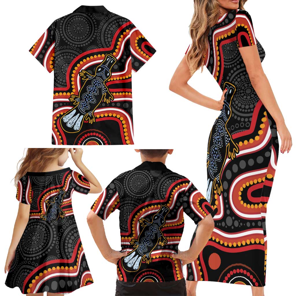 Indigenous Platypus Australia Family Matching Short Sleeve Bodycon Dress and Hawaiian Shirt Australian Aboriginal Art Proud