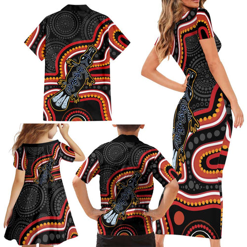 Indigenous Platypus Australia Family Matching Short Sleeve Bodycon Dress and Hawaiian Shirt Australian Aboriginal Art Proud