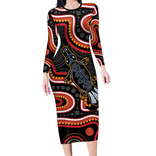 Indigenous Platypus Australia Long Sleeve Bodycon Dress Australian Aboriginal Art Proud