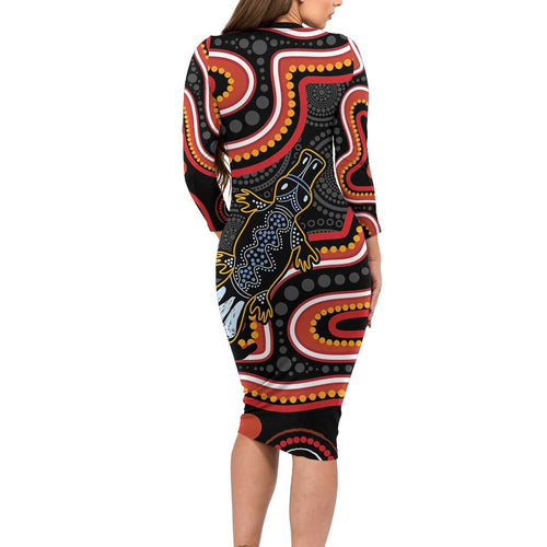 Indigenous Platypus Australia Long Sleeve Bodycon Dress Australian Aboriginal Art Proud